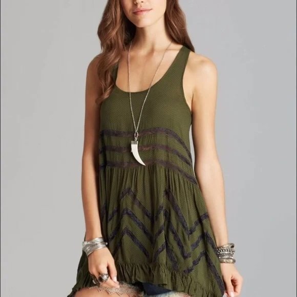 Free People Dresses & Skirts - Free People Voile Trapeze Lace Slip Dress Size Medium Army Green